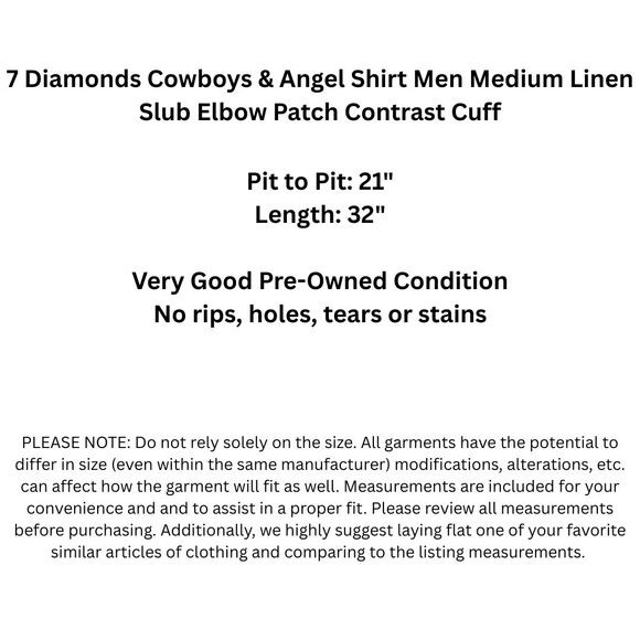 7 Diamonds Cowboys & Angel Shirt Men Medium Linen Slub Elbow Patch Contrast Cuff - Picture 2 of 15